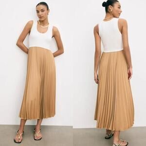 Cinq à Sept Parma Dress Sleeveless Pleated Midi Off-White & Tan Colorblock XL